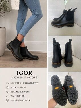 NEW Igor Black Chelsea Rain Boots EU 39 / US 8 Women’s Made in Spain